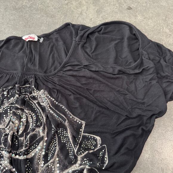 Vintage Y2K Mcbling Rhinestone Black Rose Cutout Sleeve Slouch Top Large - Picture 3 of 5